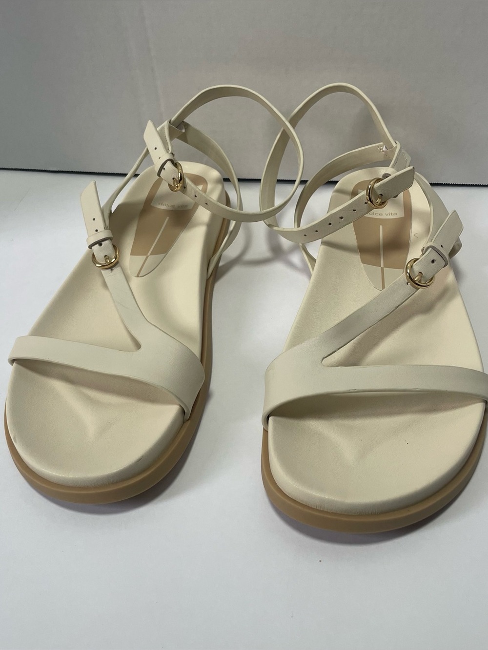 Dolce Vita Cream Ankle-Strap Sandals with Gold Buckle Accents